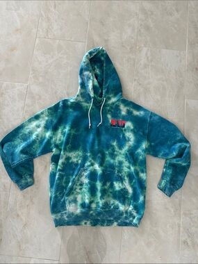 Tie-Dye Teal & Green Pullover Hoodie with Red Chest Logo